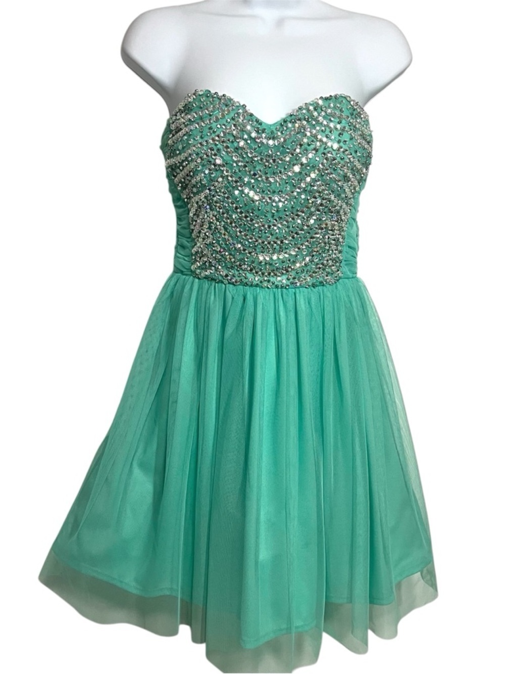As U Wish Strapless Teal Green Silver Beaded Prom Dress Size 7 Prom Formal Hoco